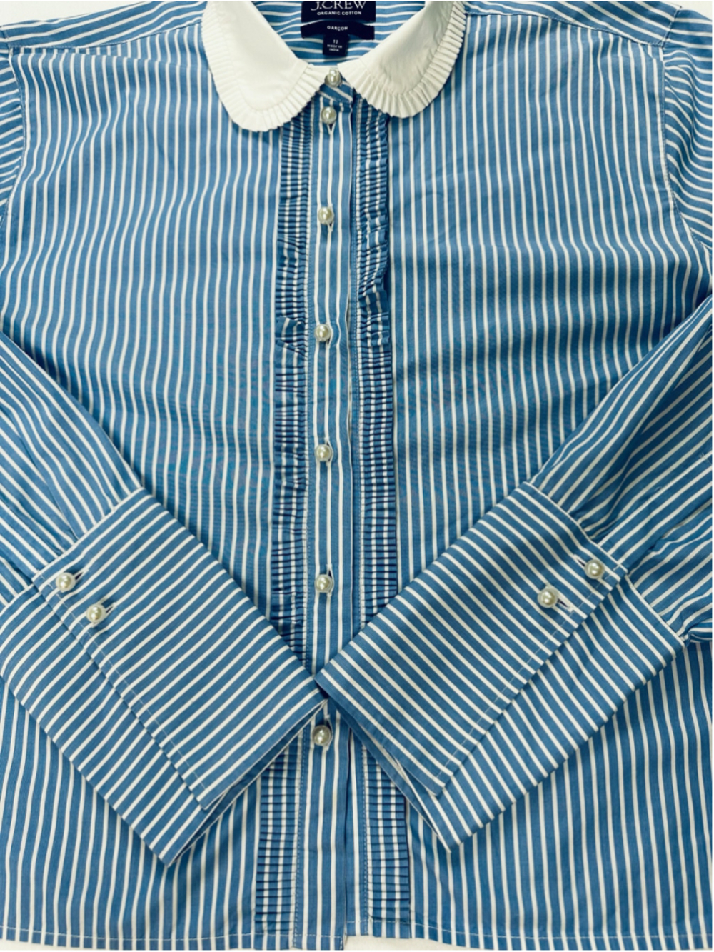 J.Crew Garçon Organic Cotton Striped Blouse Women’s 12 Blue White Ruffle Collar - Picture 7 of 8